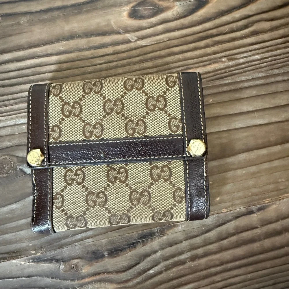 Gucci Monogram Canvas Leather Bifold Wallet Brown Beige - Picture 1 of 7